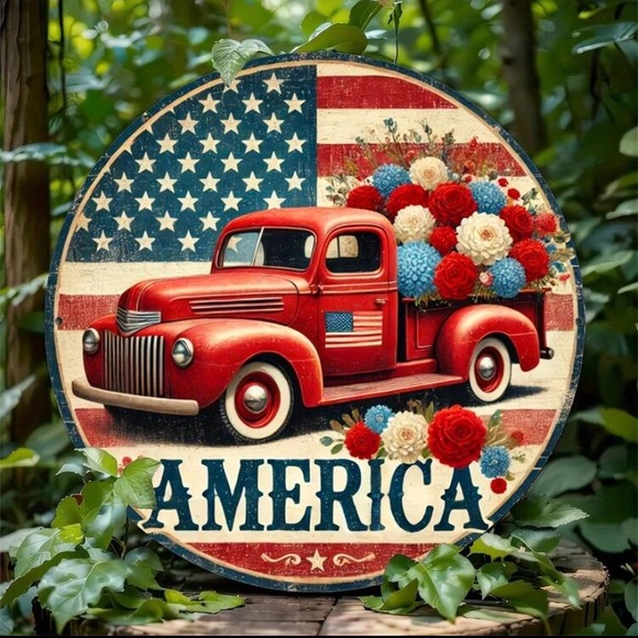8” Red Truck America Metal Sign with Patriotic Flowers on USA Flag Background - Picture 2 of 2